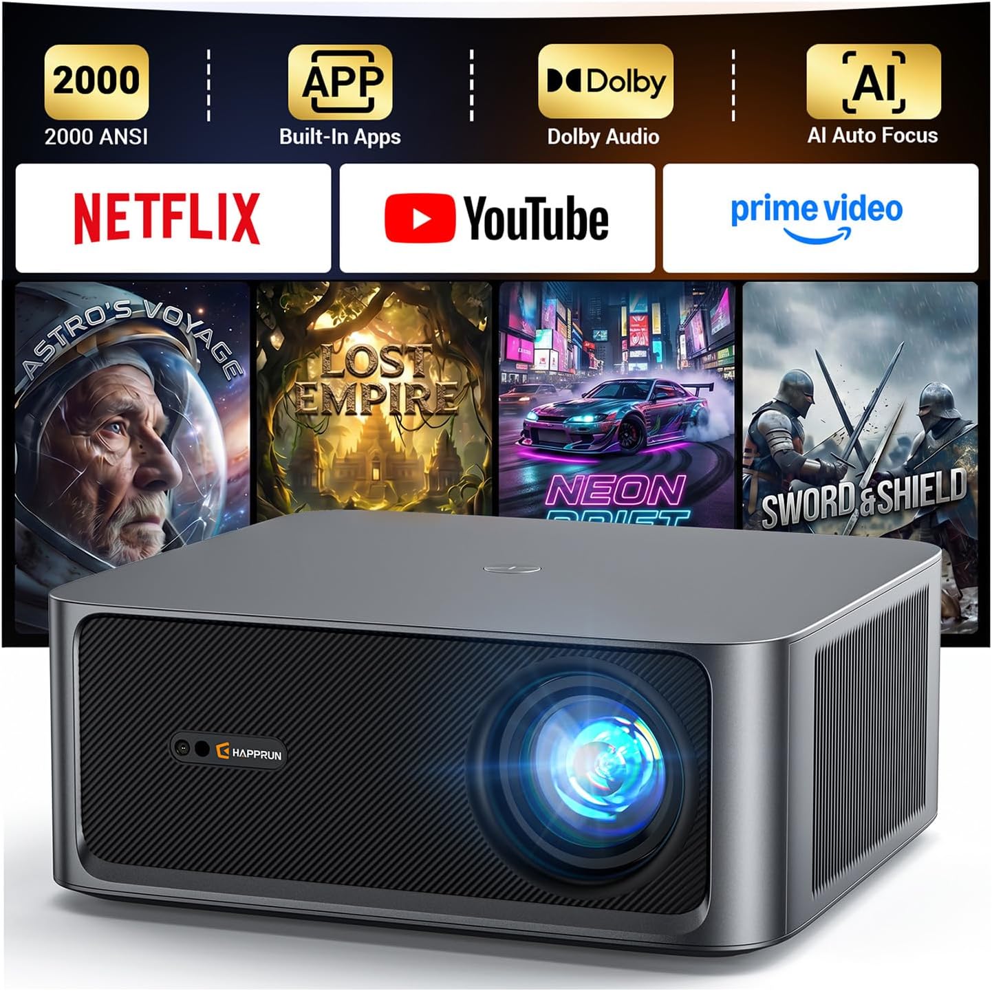 HAPPRUN 2000 ANSI Outdoor Projector Built-in Streaming Apps