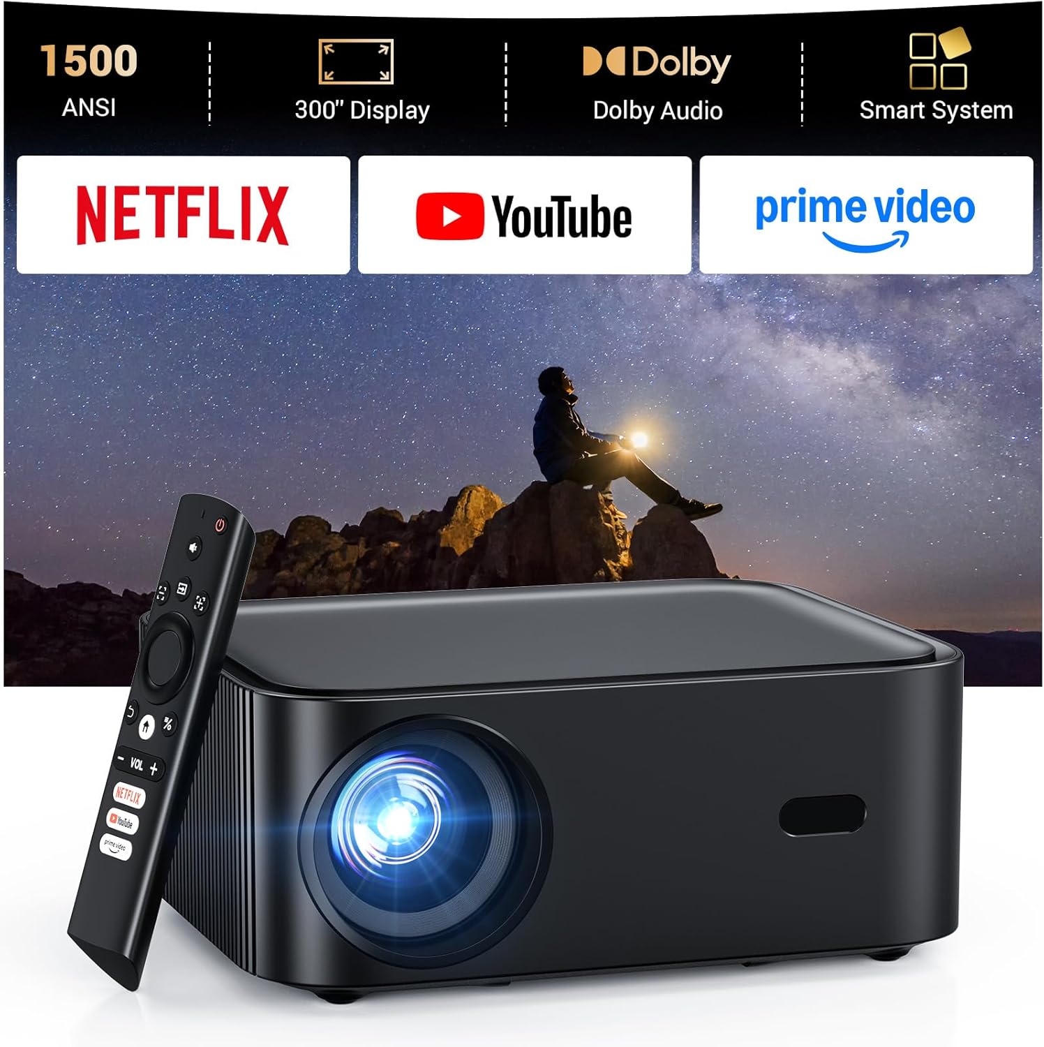 HAPPRUN 4K Home Projector with WiFi 6 and Bluetooth 5.2 (300 , 1500 ANSI)
