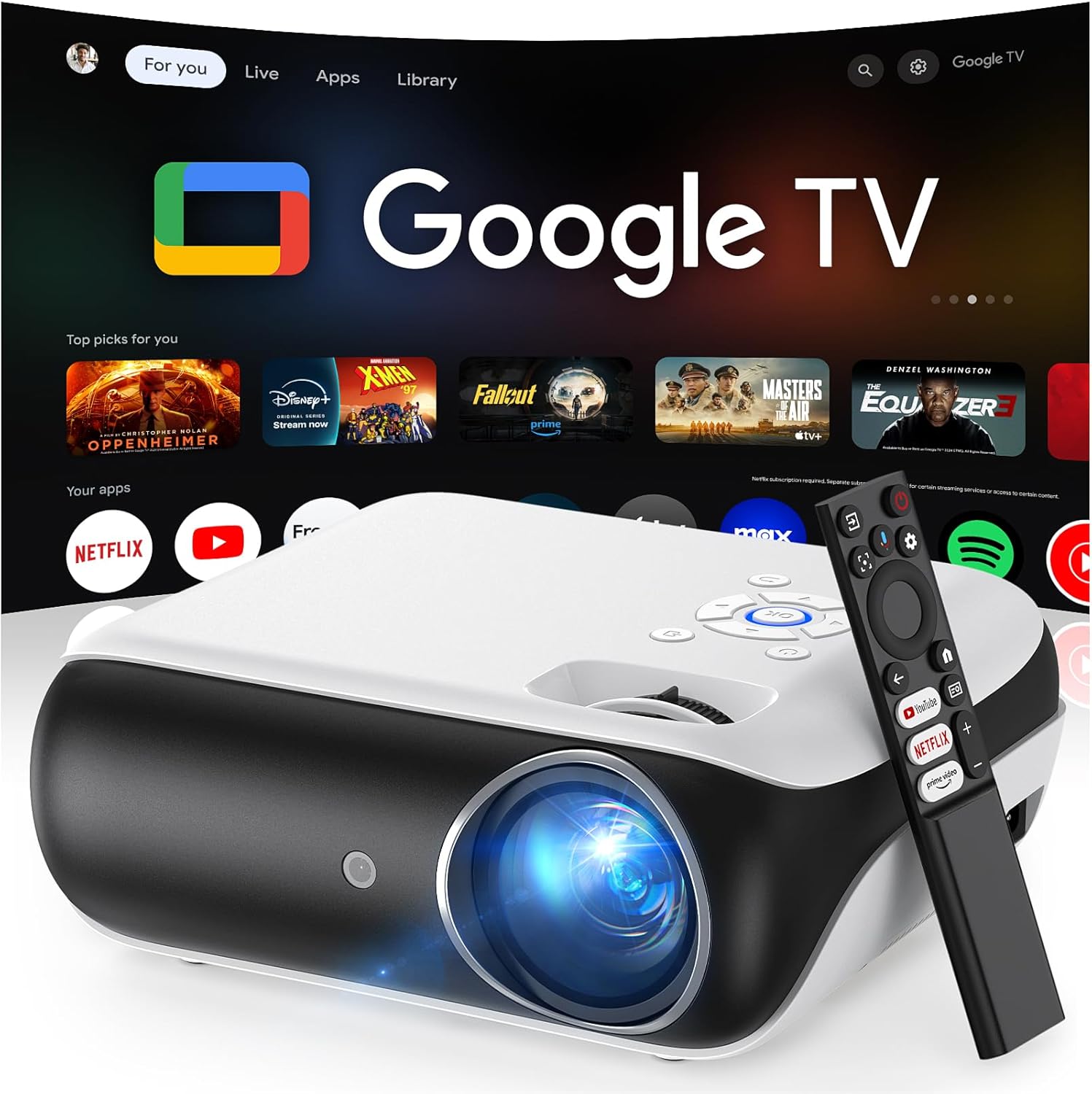 HAPPRUN Native 1080P Google TV Outdoor Smart Projector – 4K Decoding, Dolby & AirPlay, WiFi & Bluetooth