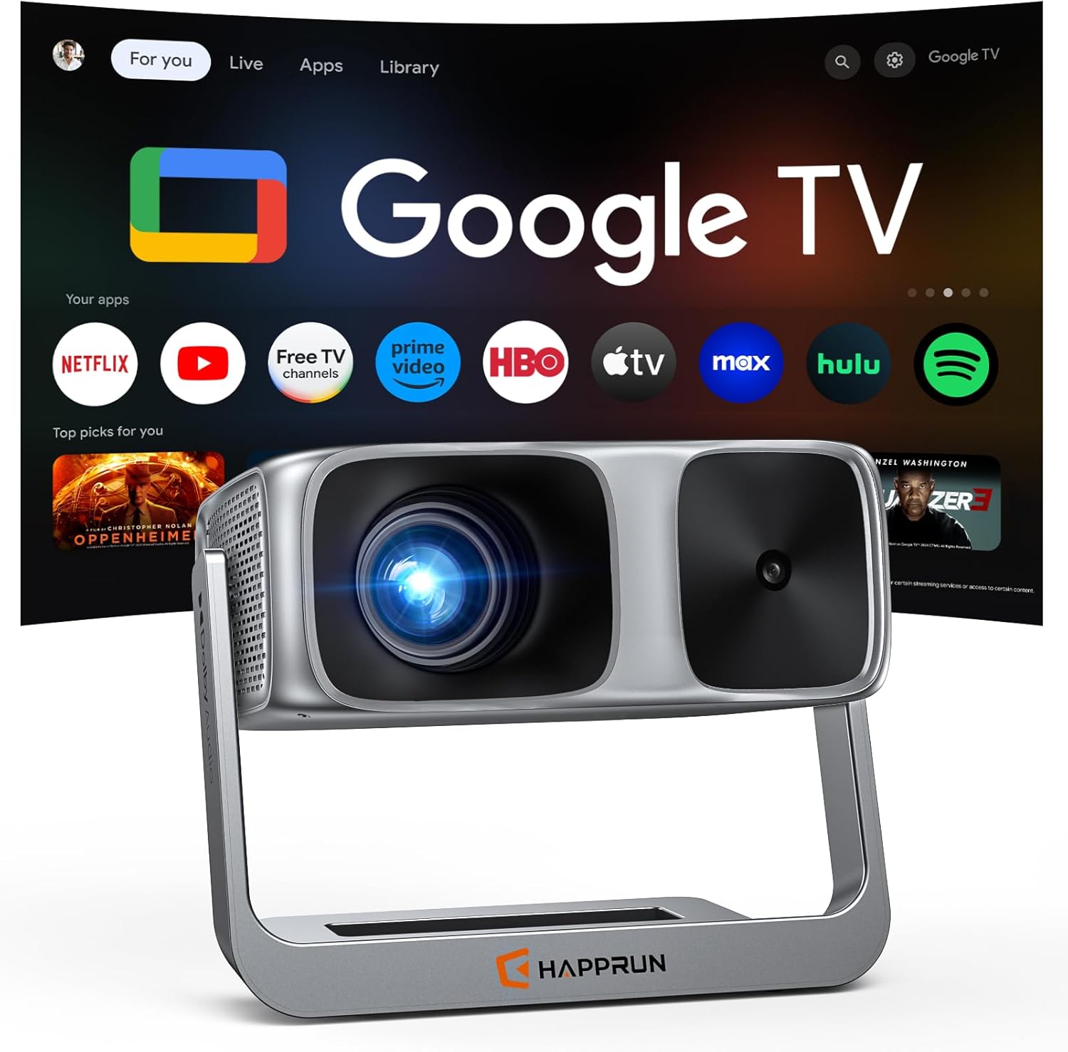 HAPPRUN 4K Smart Projector – 2000 ANSI Lumens, Google TV, Auto Focus, Dolby Audio, Adjustable 270° Stand