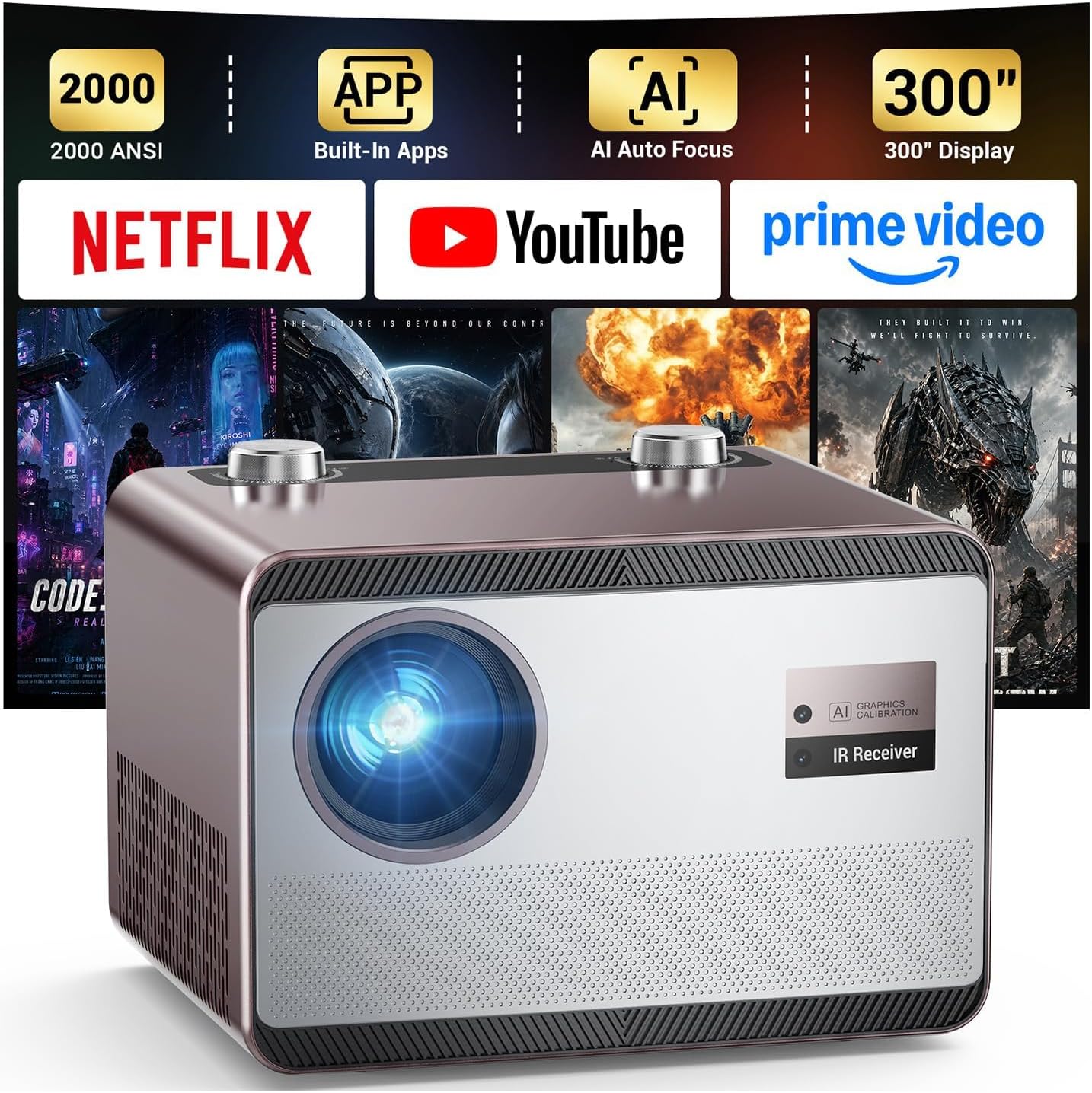 HAPPRUN 2000 ANSI 4K Decoding Outdoor Projector – Built-in Streaming Apps, Auto Focus, WiFi & Bluetooth