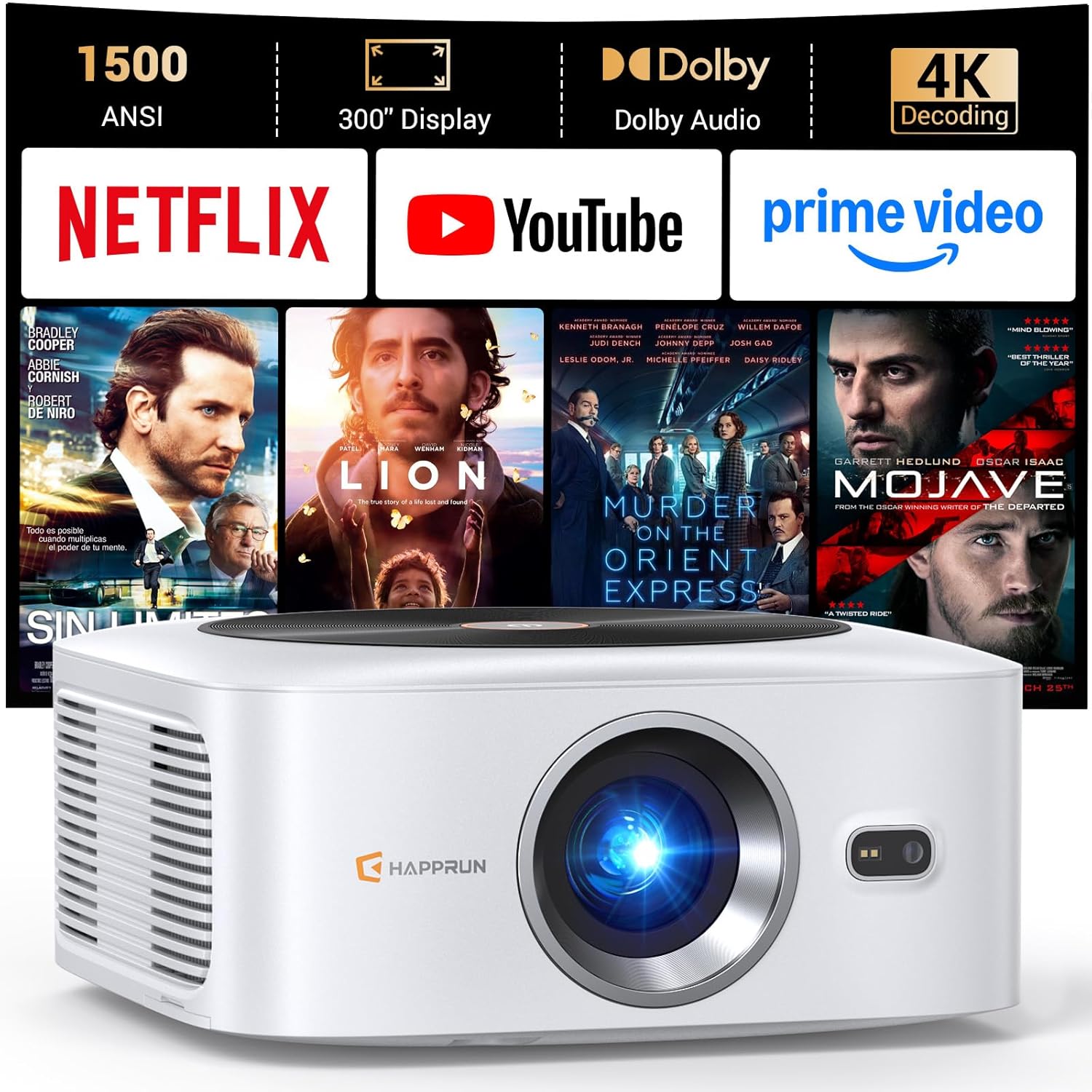 HAPPRUN Smart Projector – Netflix Licensed, 1500 ANSI, Auto Focus, WiFi 6, Bluetooth 5.2